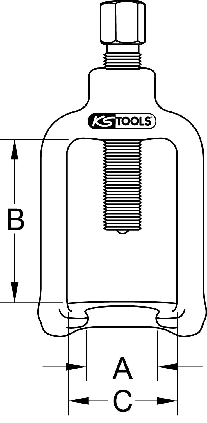 Technical drawing of a puller with thread from 'KS Tools'. Dimensions A, B, C are marked. Suitable for mechanical work.