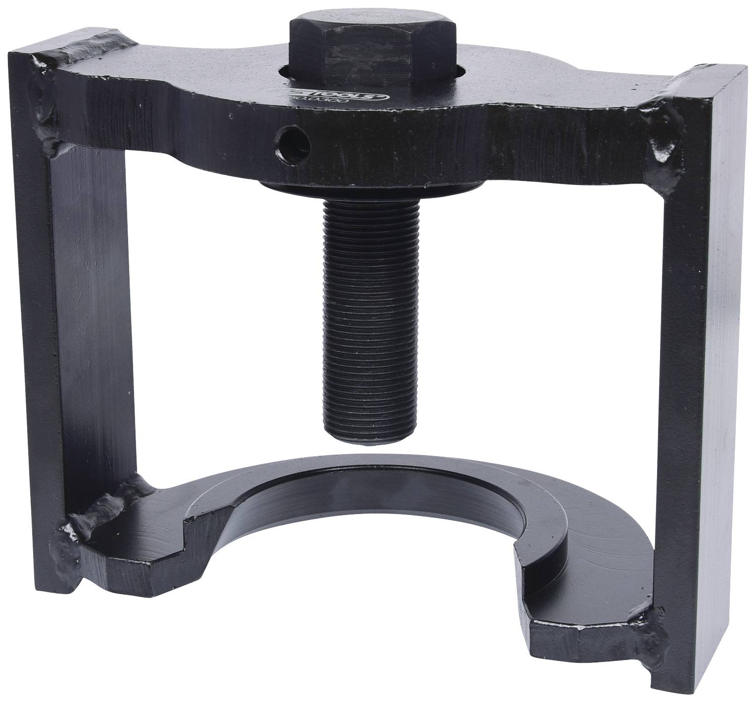 A black steel tool with a round, threaded central section, surrounded by a horseshoe-shaped frame. It is used for pressing out bearings.