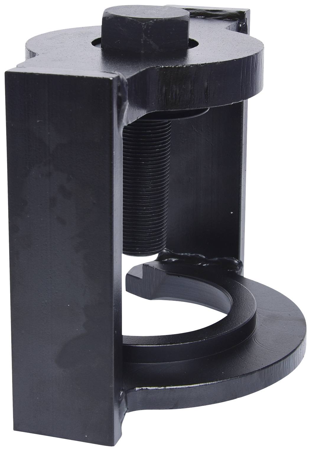 Black metal tool for removing or inserting bearings, consisting of a threaded bolt and an open ring.