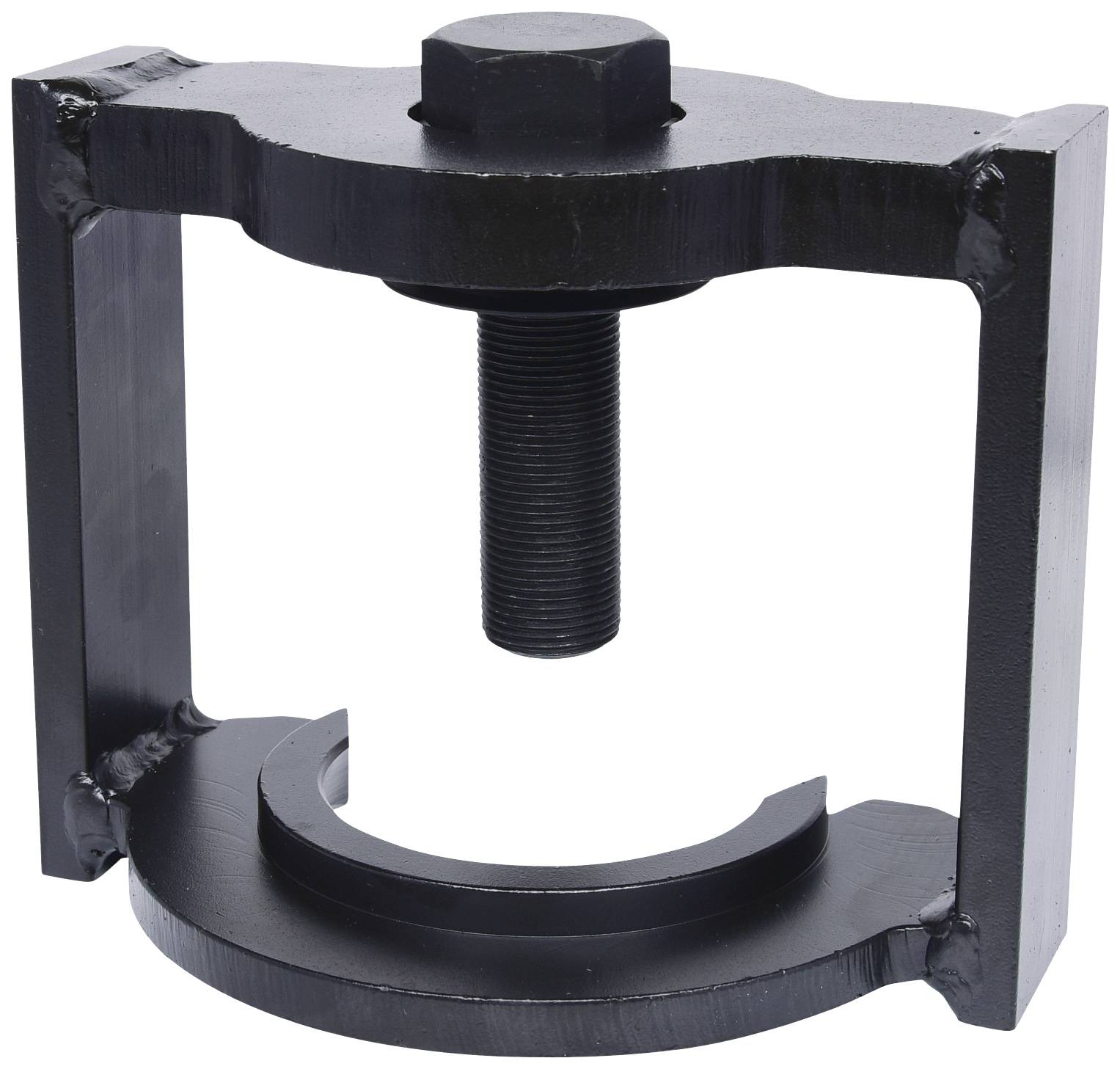 A black metal device with threaded bolts and a rotating plate, a workshop tool for assembling or disassembling components.