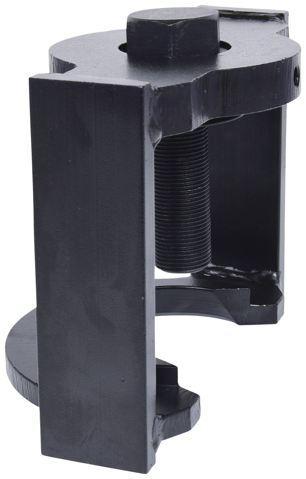 Black metal puller with screw mechanism, used for removing bearings or similar parts from shafts.