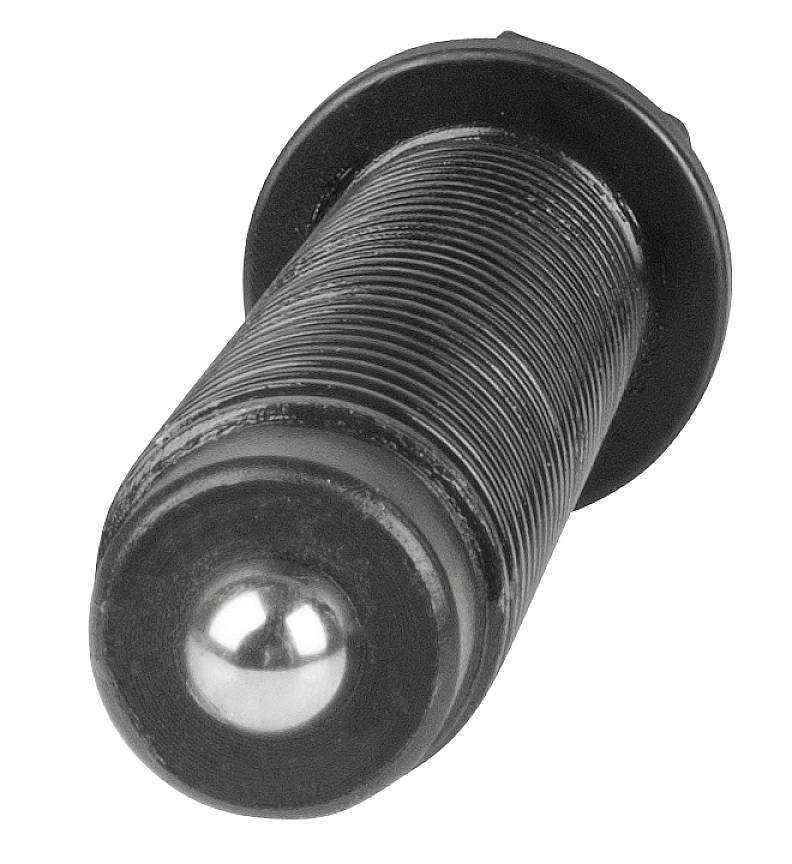 A black cylindrical metal pin with a ribbed surface and a shiny spherical tip at the top.