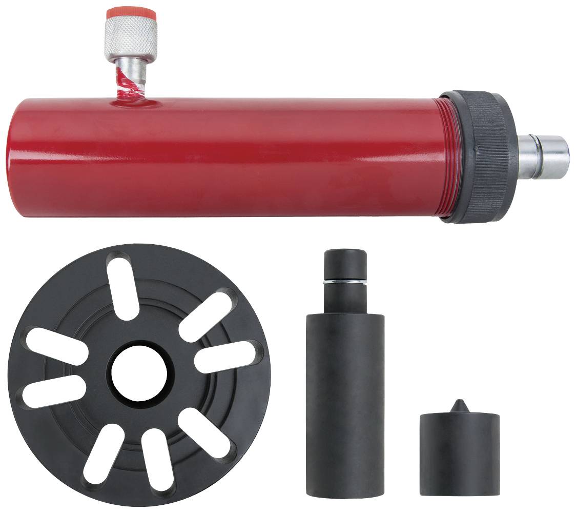 Red hydraulic cylinder with metal connections and black accessories used for connection or sealing.