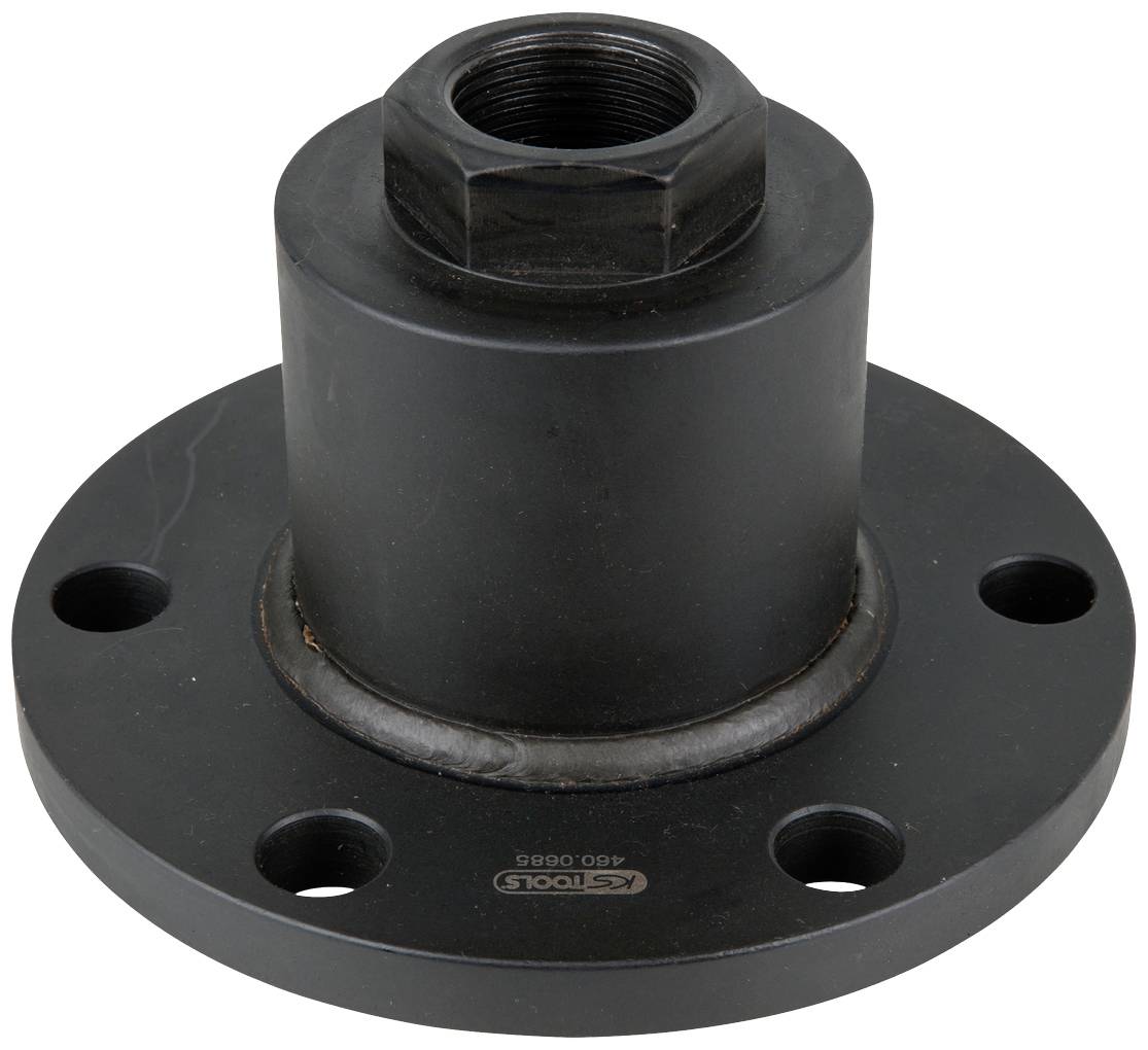 A black steel flange with four bolt holes and a central threaded connection, suitable for mounting in mechanical applications.