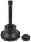 A black mechanical engineering component with a threaded spindle and a round base. Next to it lies a round cap.