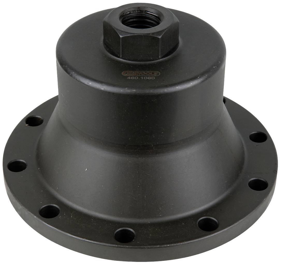 Black metal flange housing with a cylindrical shape and multiple screw holes around the edge. Central threaded connection at the top.