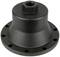 Black metal flange housing with a cylindrical shape and multiple screw holes around the edge. Central threaded connection at the top.