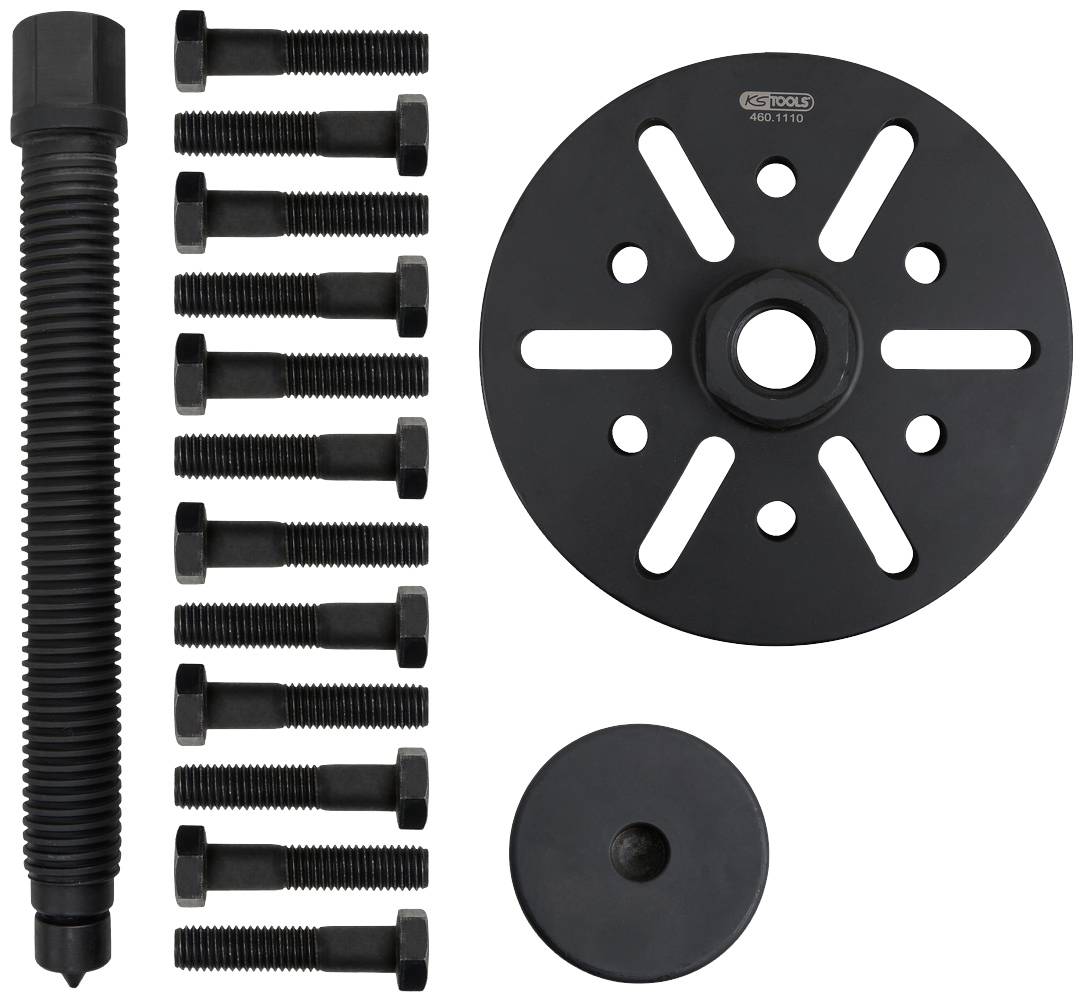 Screws and components for an assembly tool set, including a round plate with slots, shown in a top-down view.