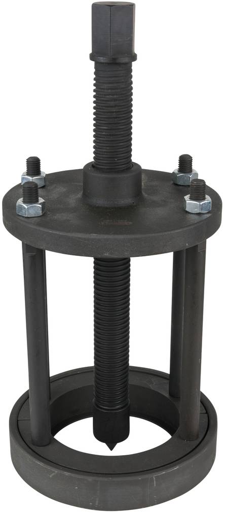 A black threaded spindle puller with four metal struts, presumably suitable for removing or installing bearings.