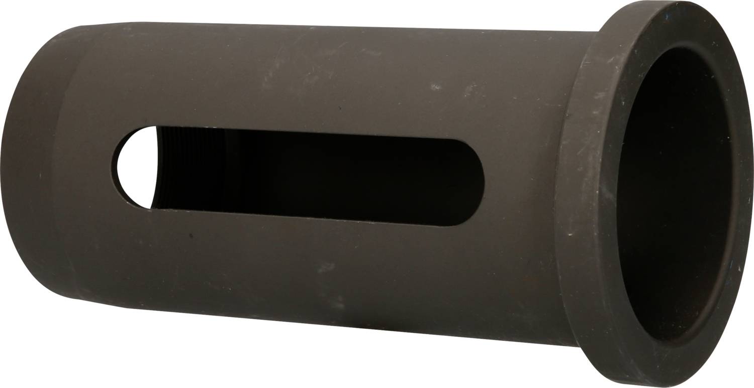 Black cylindrical metal cylinder with a side slot and flat edge, potentially for industrial applications.