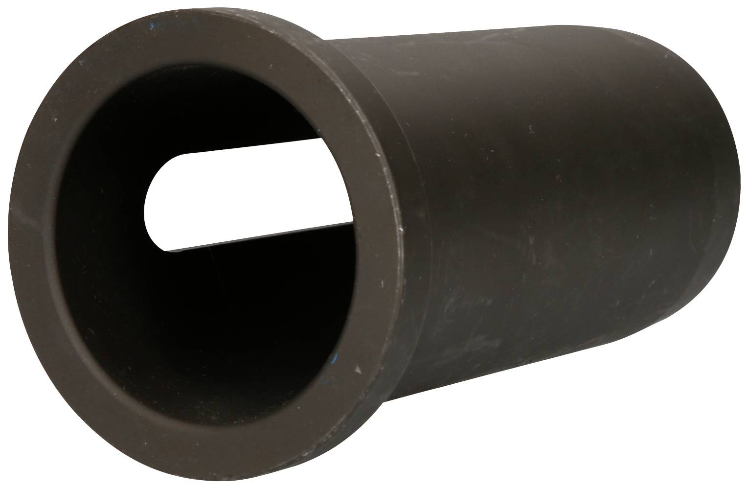Cylindrical, black pipe with an oval, continuous cut-out in the middle.
