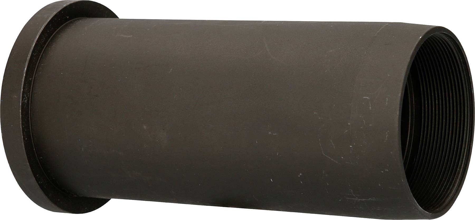 A black, cylindrical pipe that ends with a flat rim on the left side.