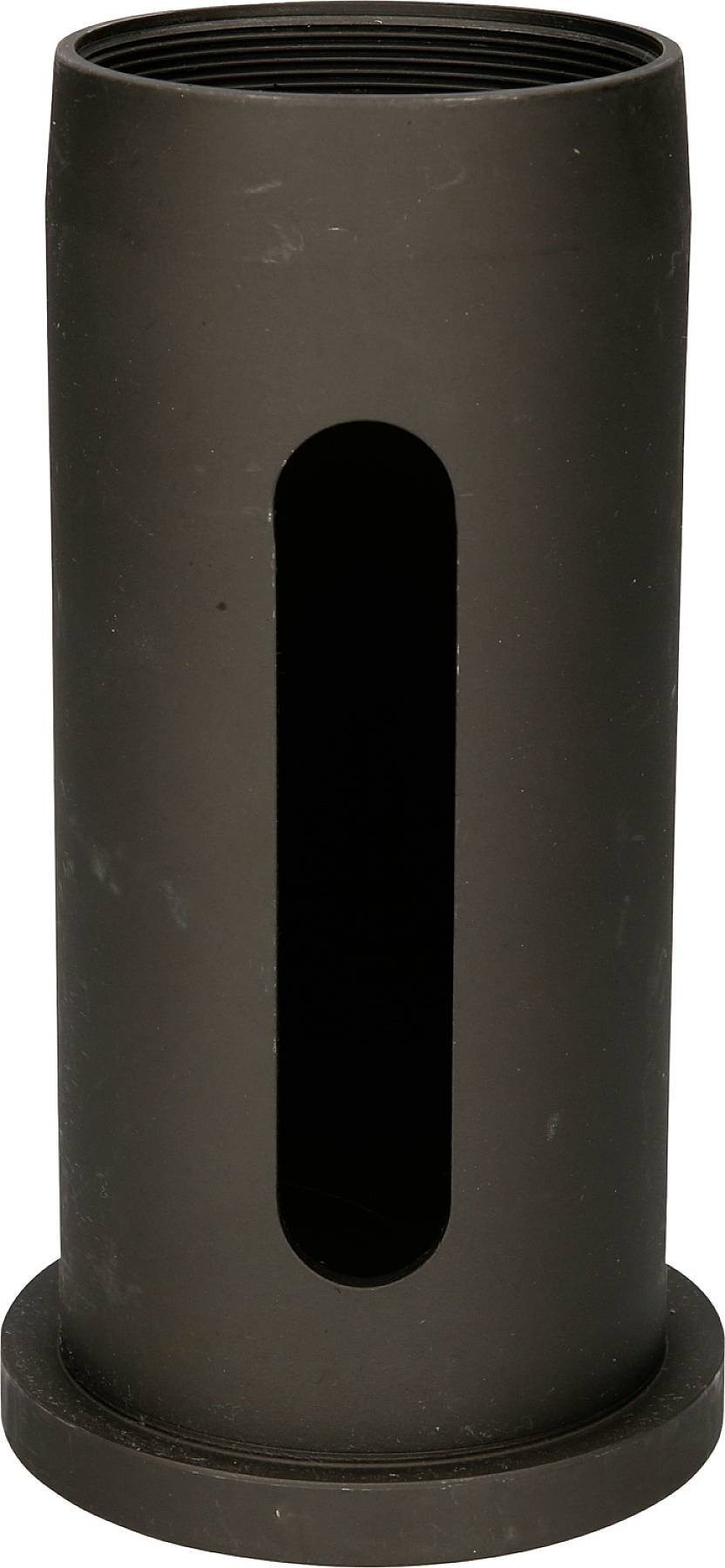 A cylindrical black pipe standing on a solid round base, with a longitudinal slit in the middle.
