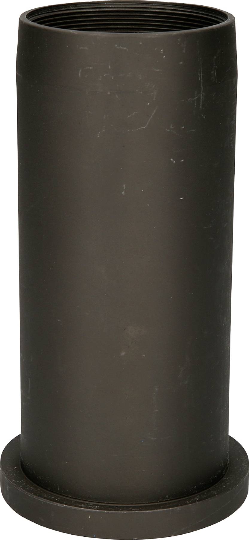 Black, cylindrical pipe with a smooth surface and a wide rim at the lower end, vertically positioned.