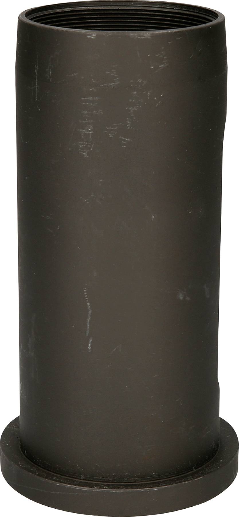 A cylindrical metal tube stands vertically. It is dark-coloured and has a smooth, matte surface.