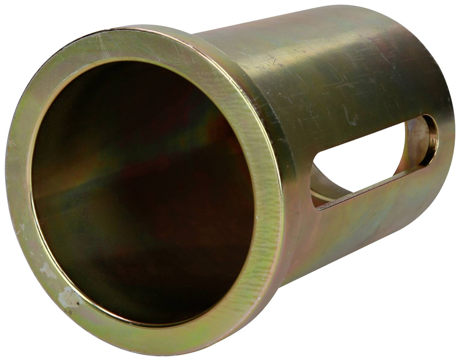 Metal cylinder with a large hollow space and a side opening, on a white background.