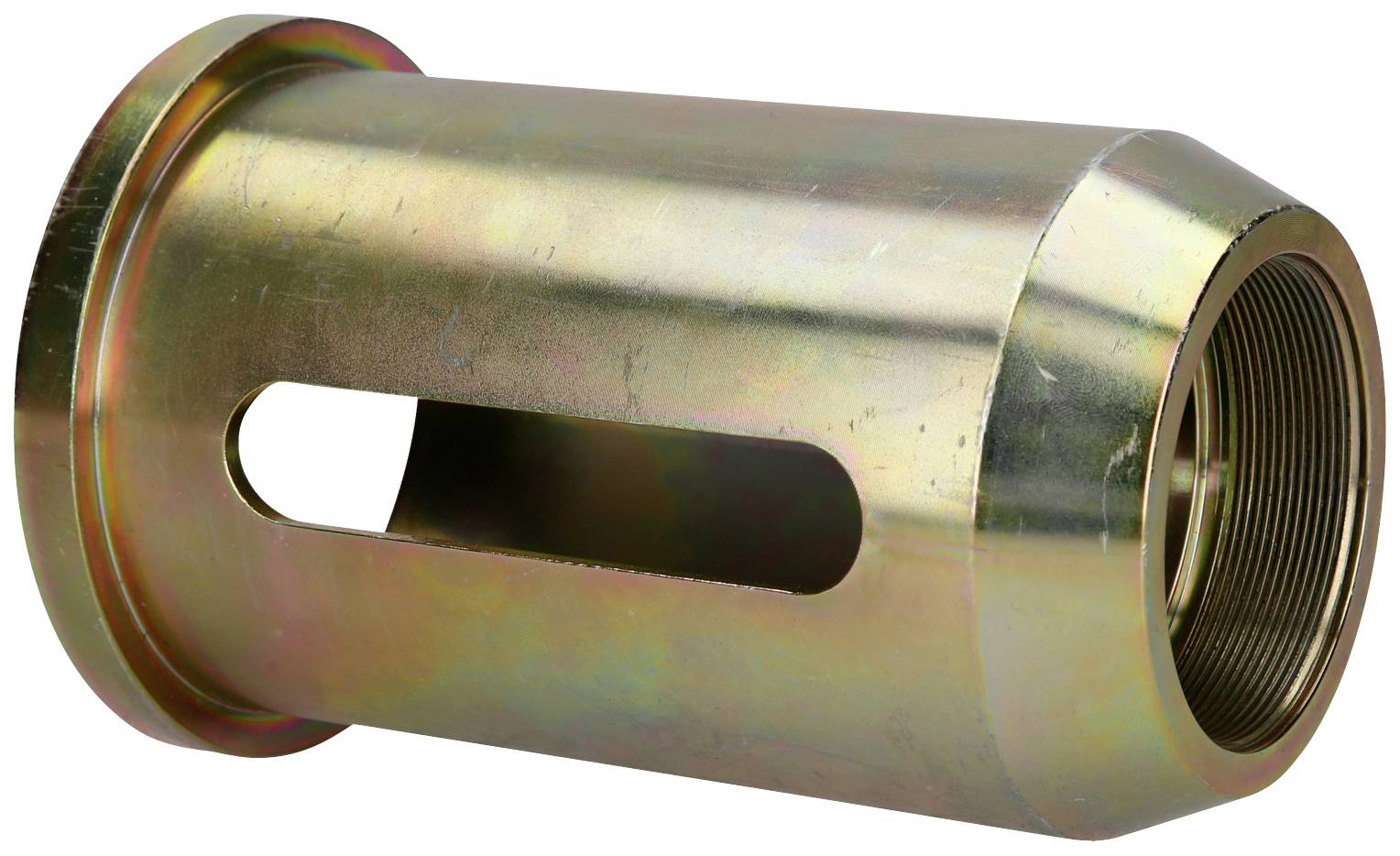 Cylindrical metal component with a slot and internal threading. Suitable for industrial applications or mechanical connections.