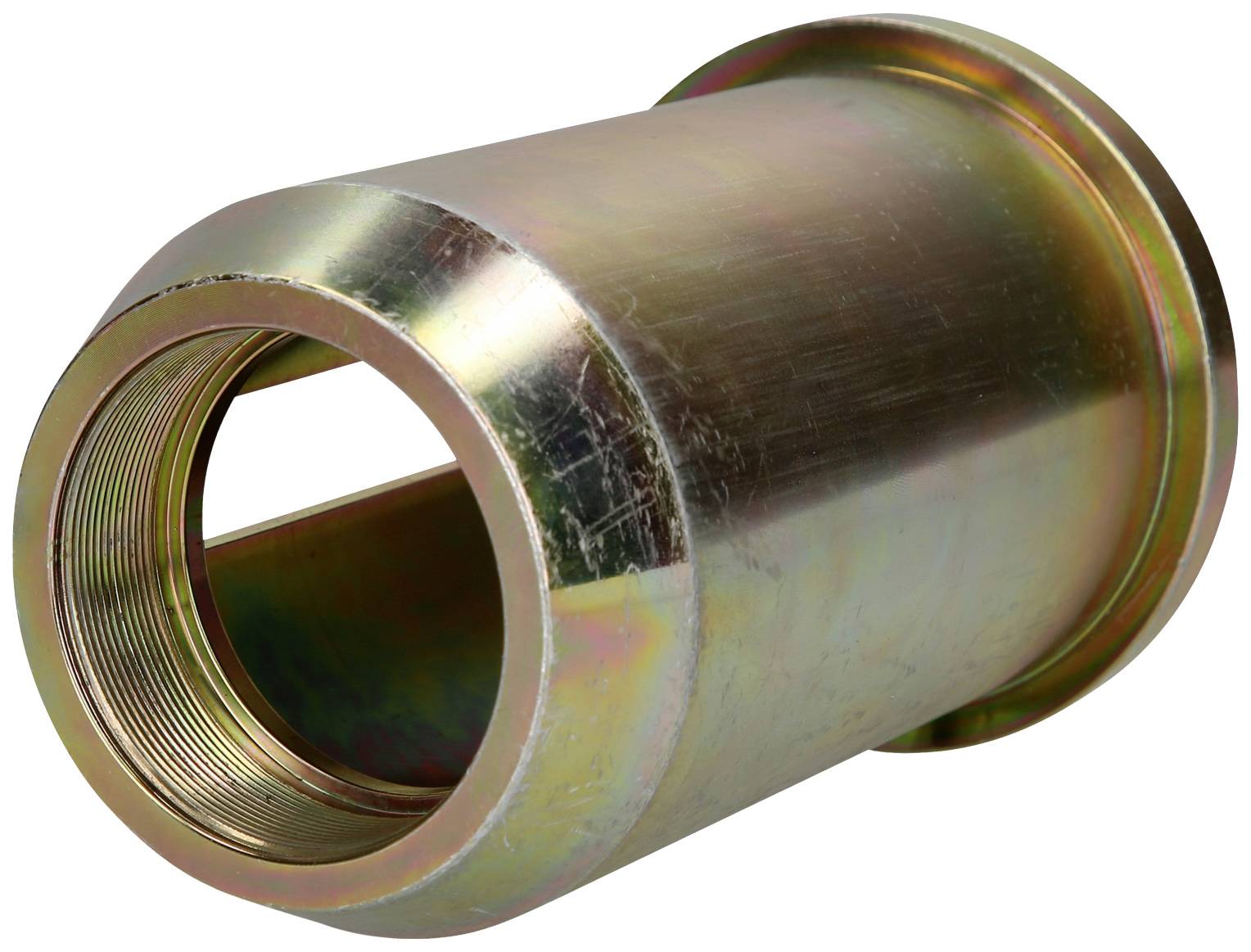 Metal sleeve with thread, cylindrical shape and polished surface.
