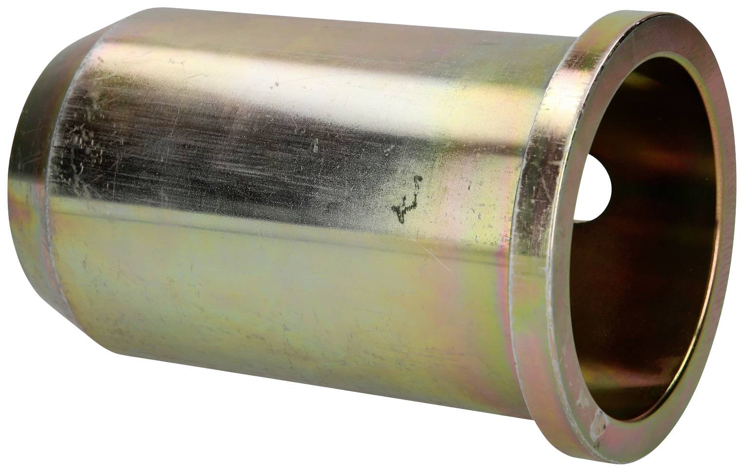 Metallic adaptor cylinder, possibly for connecting hoses or pipes. Shiny surface, rounded end.