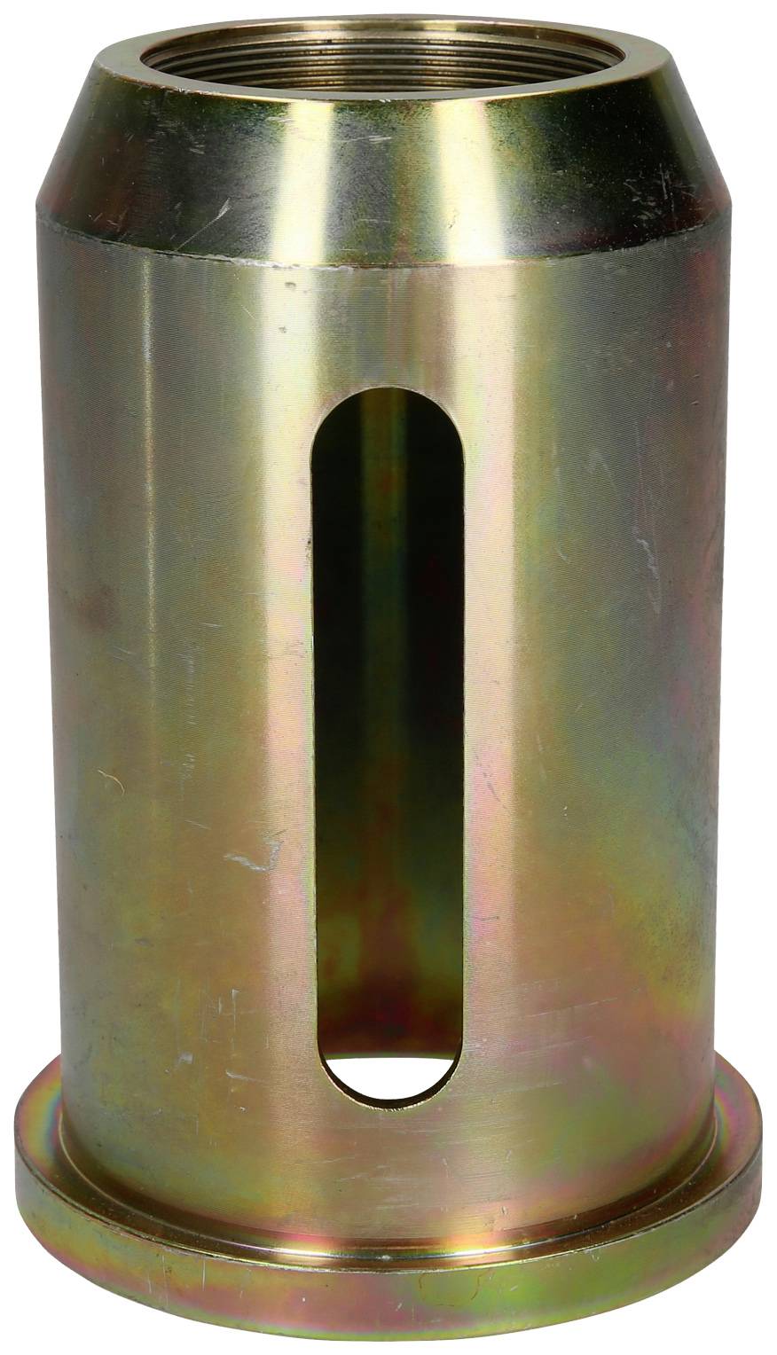 Metal cylinder with an oval slot in the middle, possibly a machine component or a sleeve.