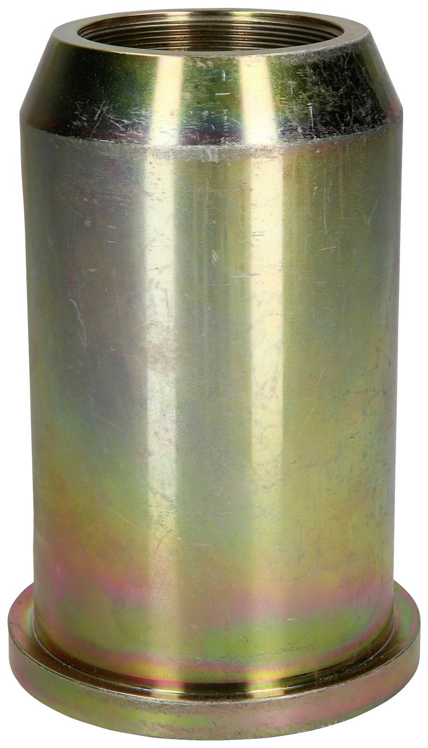 A metallic cylindrical sleeve with a smooth surface, open at the top. It appears robust and has a shimmering, yellowish coating.