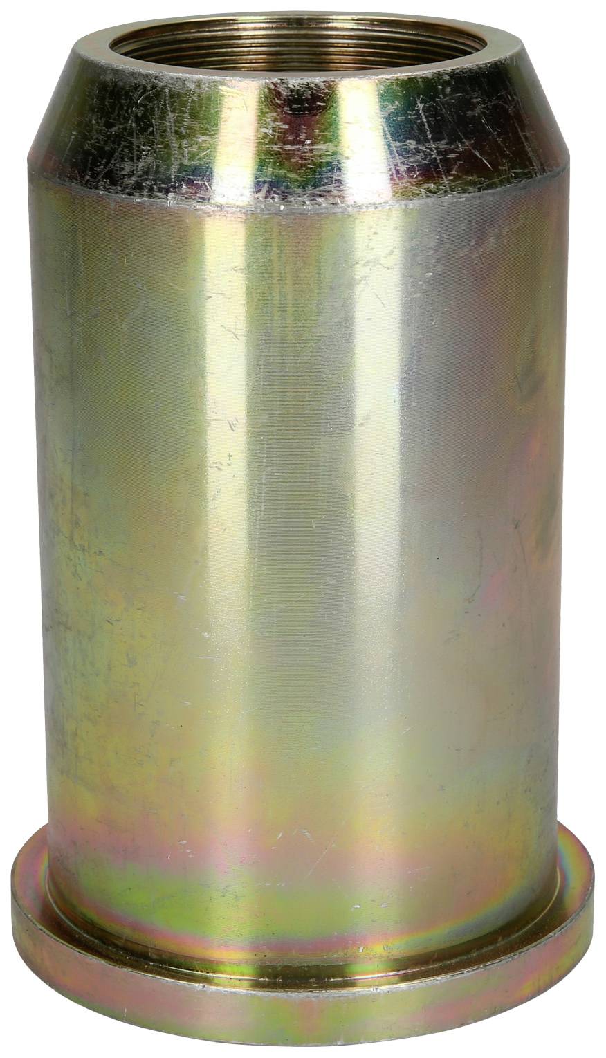 A shiny cylindrical metal adapter with a broader base and a threaded opening at the top.