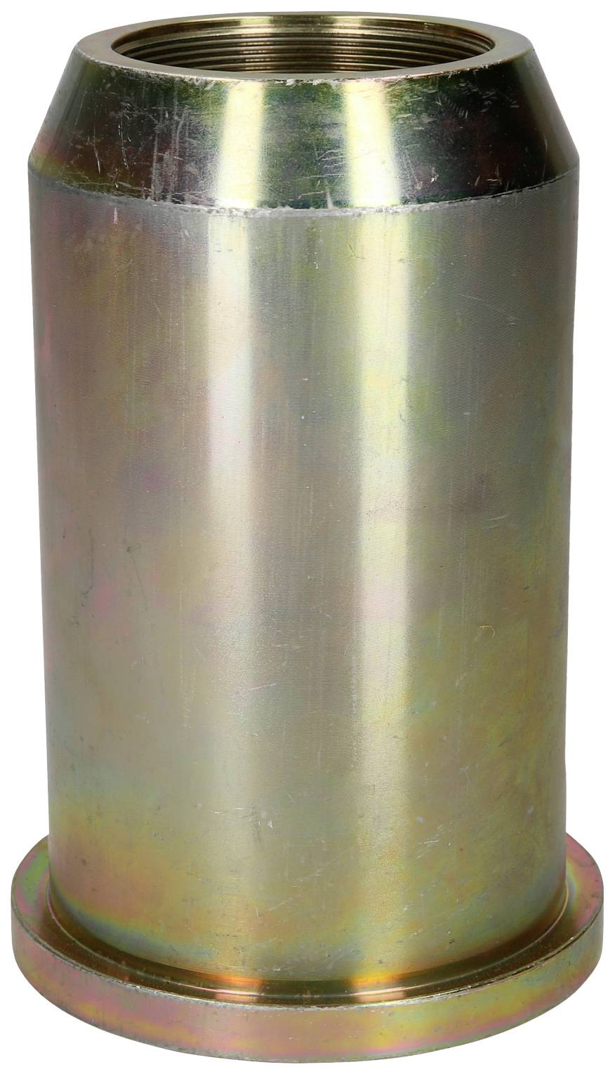 Metal sleeve, cylindrical in shape, with a smooth surface and bevelled end. Potentially part of a mechanical system.