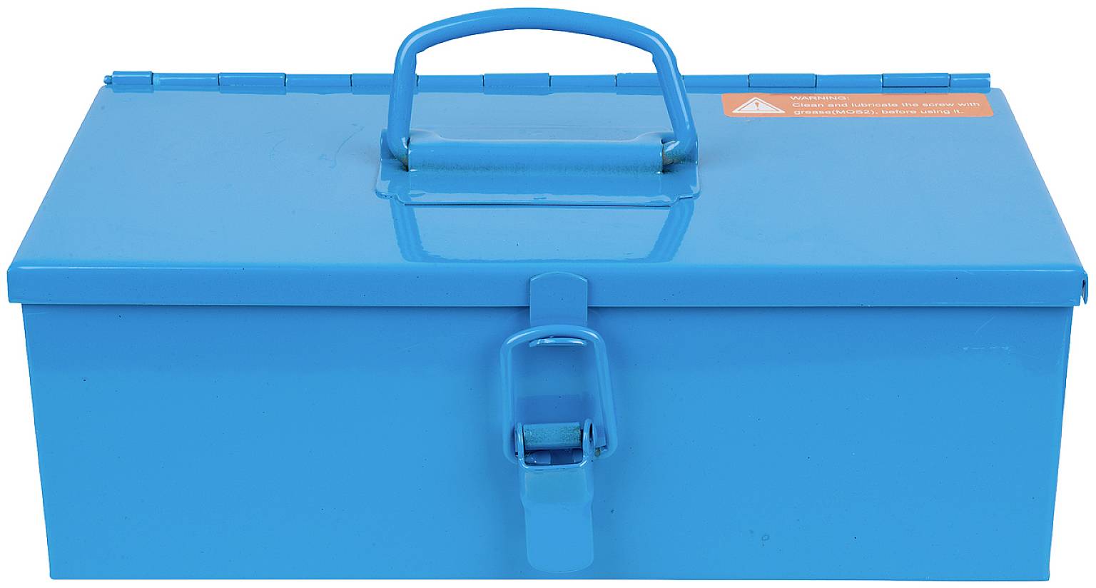 Blue metal box with lid and carrying handle. Front side has a fastening mechanism. An orange warning label is located in the top right corner.