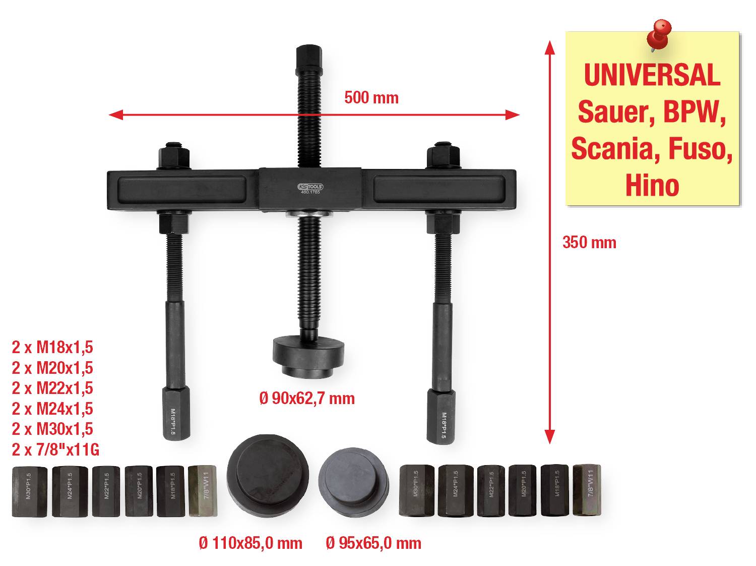 Axle puller kit with dimensions: 500x350 mm. Includes various attachments and adapters for brands such as Sauer, BPW, Scania, Fuso, Hino.