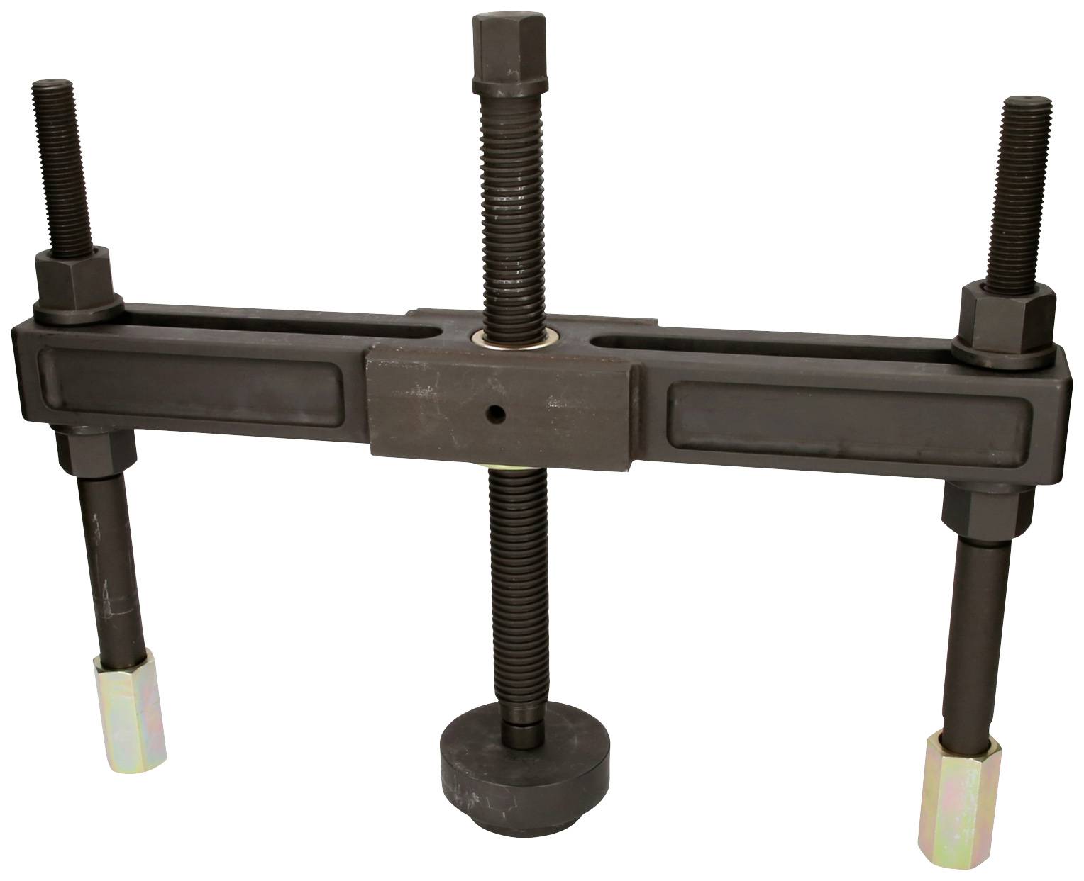 Metal puller with three screws for removing parts such as gears or bearings, on a white background.