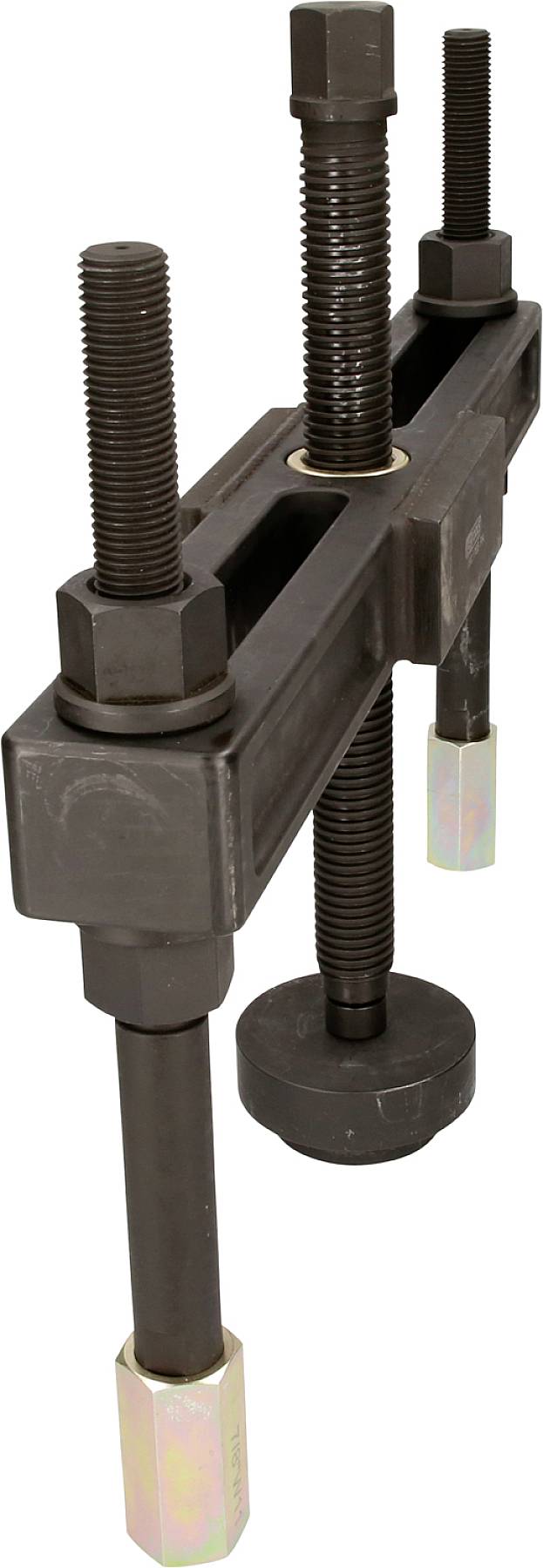Puller with three metal bolts and screws, used for removing seized parts in machinery or vehicles.