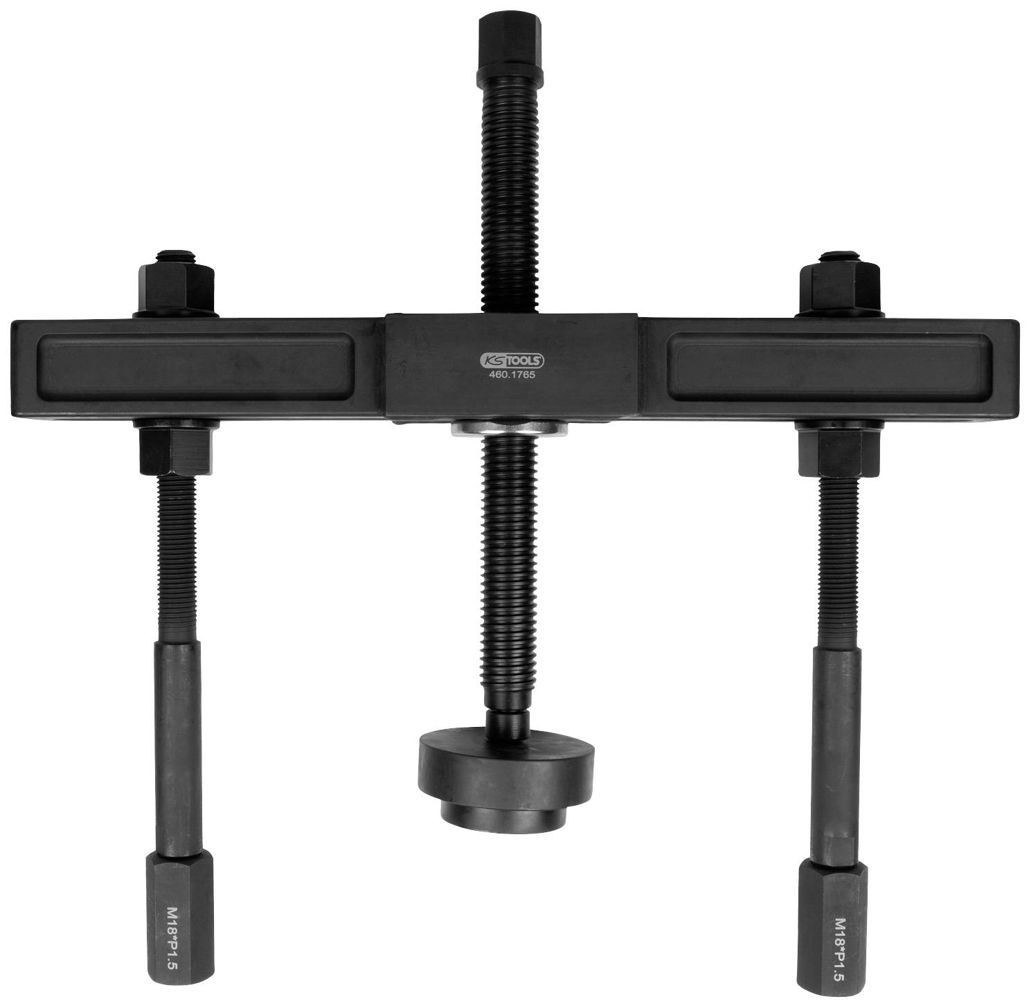 Puller tool with a central spindle and two lateral arms, used for removing seized parts in machinery.