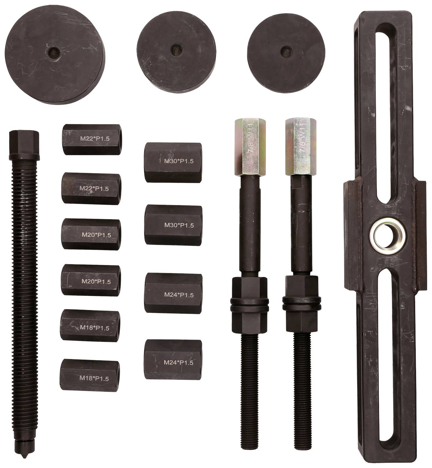 A set of metal wheel bearing puller and adapters in various sizes; includes screws, washers, and a metal frame.