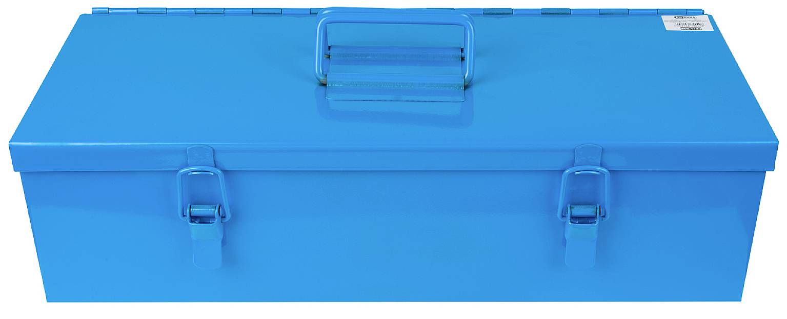 Blue toolbox with carry handle and two fasteners on the front.