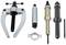 A selection of tools for pulling and removing stuck components, including a puller with a screw mechanism and several cylinders.