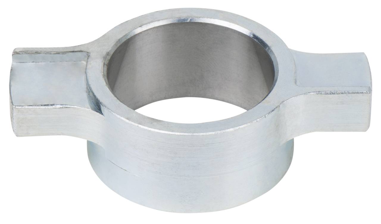 A silver metal part with a round, hollow central section and two lateral wings.