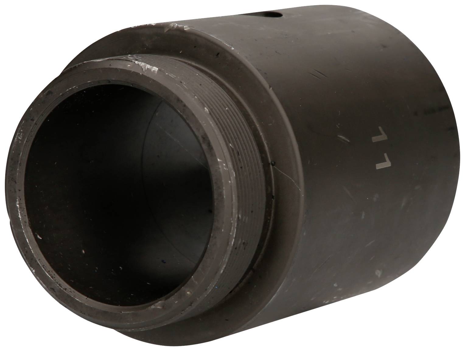 A cylindrical, metallic pipe section fitted with a threaded surface on its outer side.