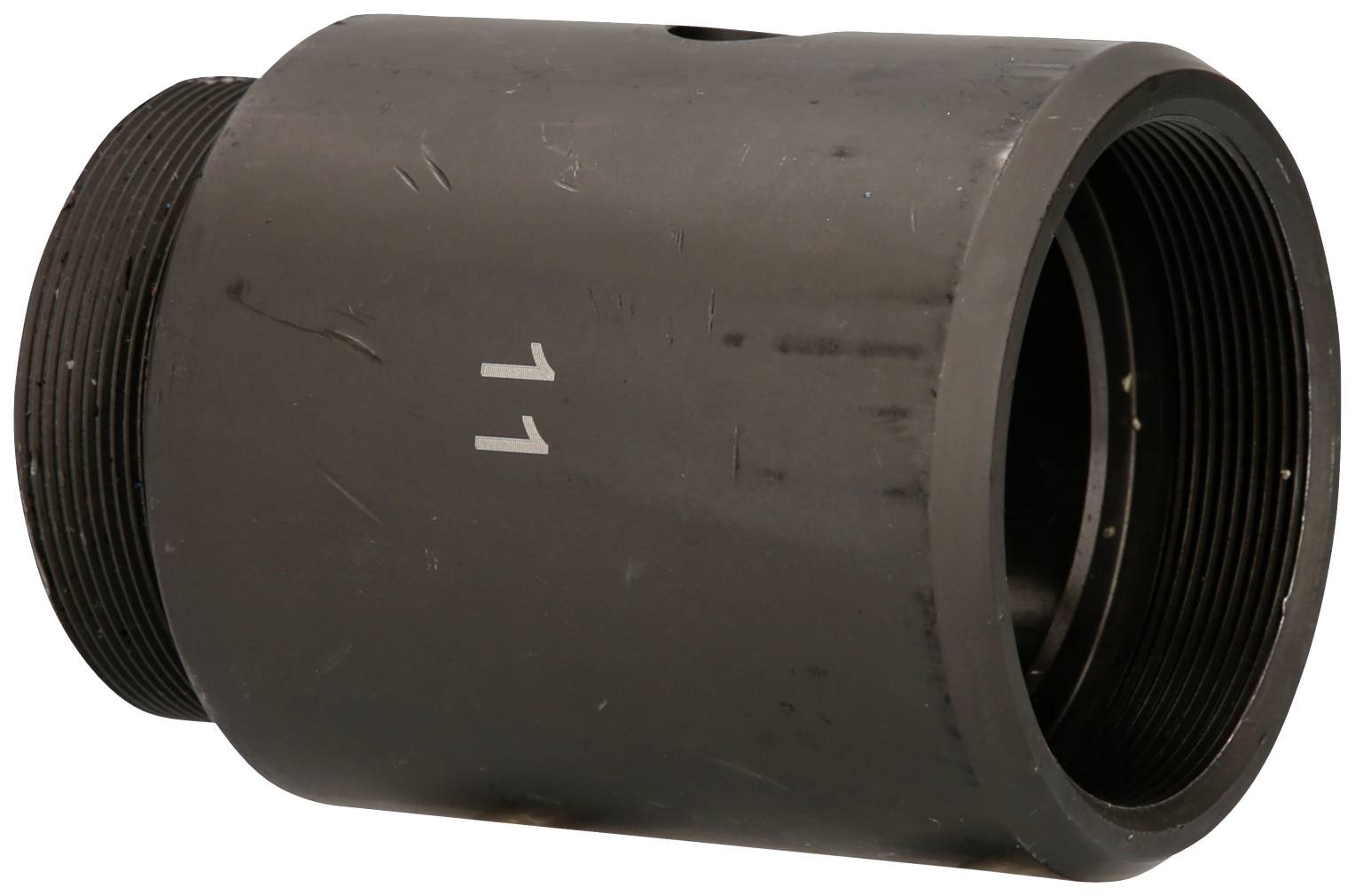 Cylindrical black metal component with threading on one side. The number '11' is marked on the surface.