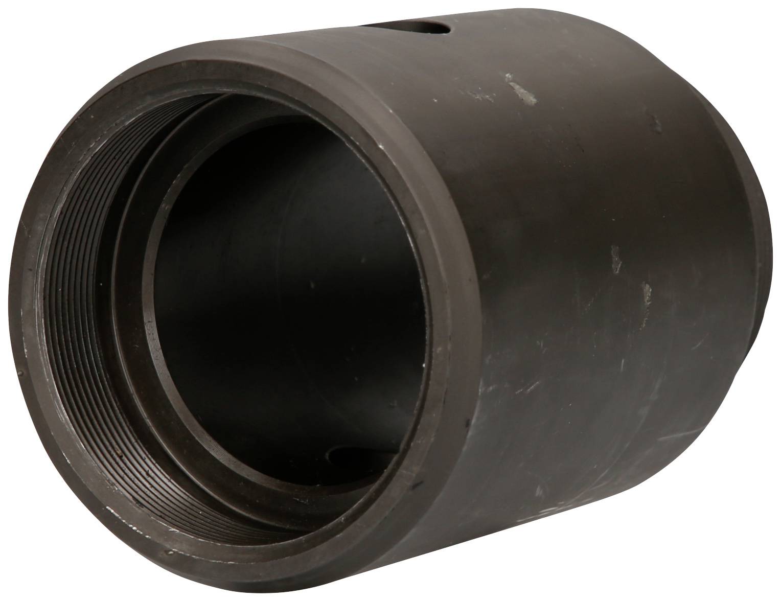 Cylindrical metal component with internal threading and a smooth outer surface.