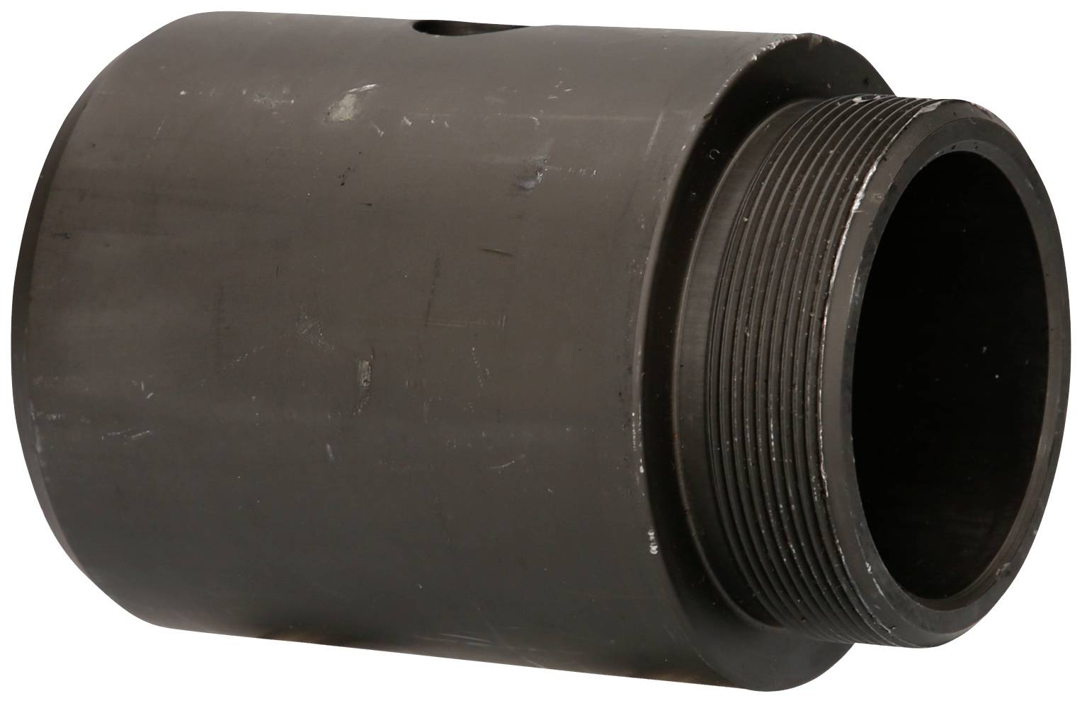 A black cylindrical metal adapter with a thread on one side. Suitable for technical applications or pipe connections.
