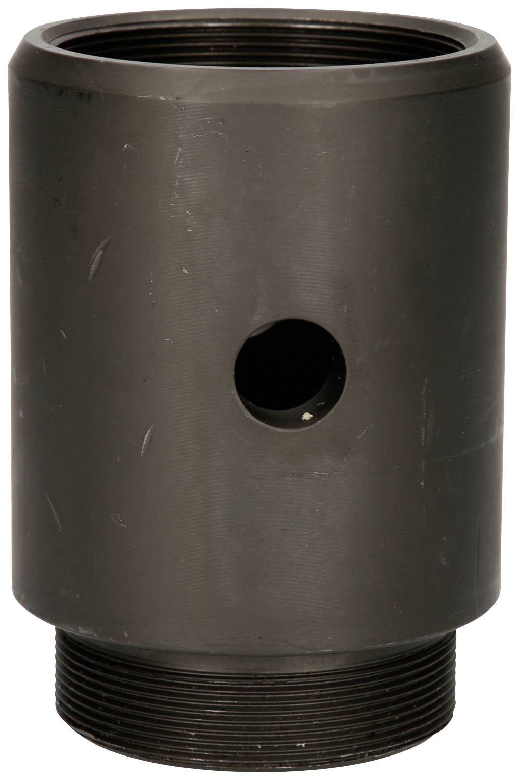 A black cylindrical adapter with a hole on the side and threads at both ends.