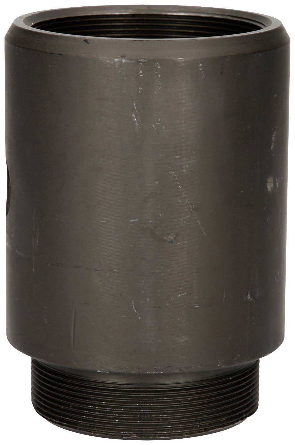 A cylindrical, metallic component with threads on both ends. Possibly used as an adapter or connector.