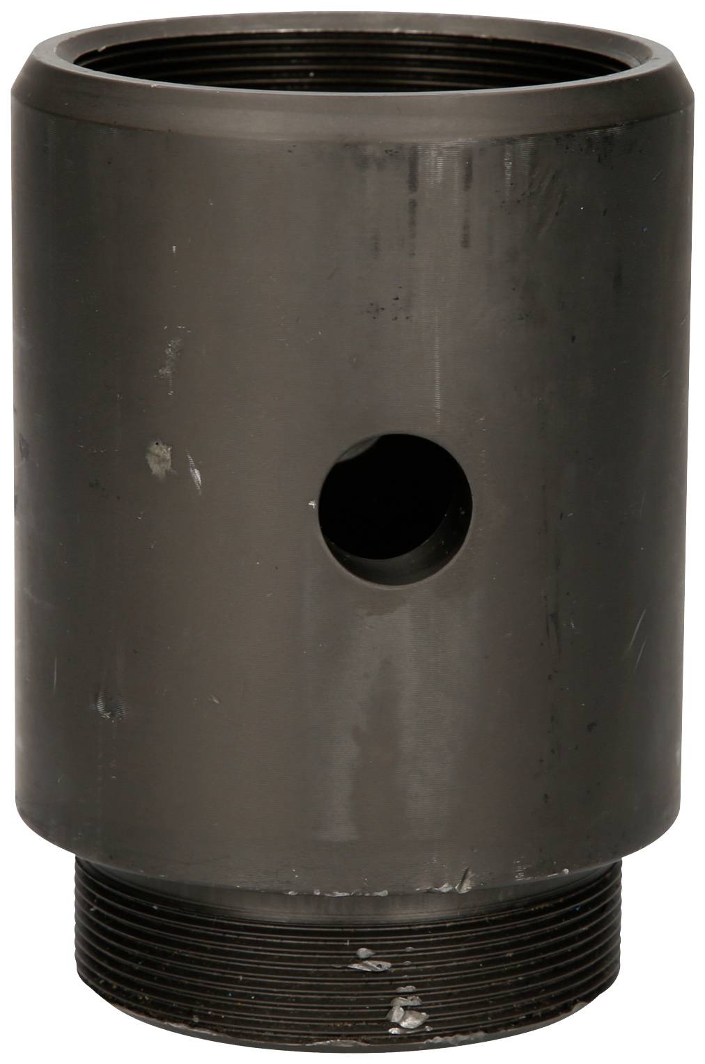 A cylindrical, dark brown component with a central hole and threads at both ends.