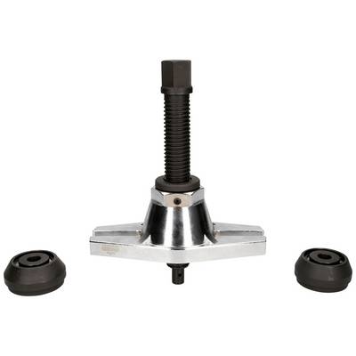 Tool for ball joint puller, consisting of a silver housing with a central screw and two black adapters.
