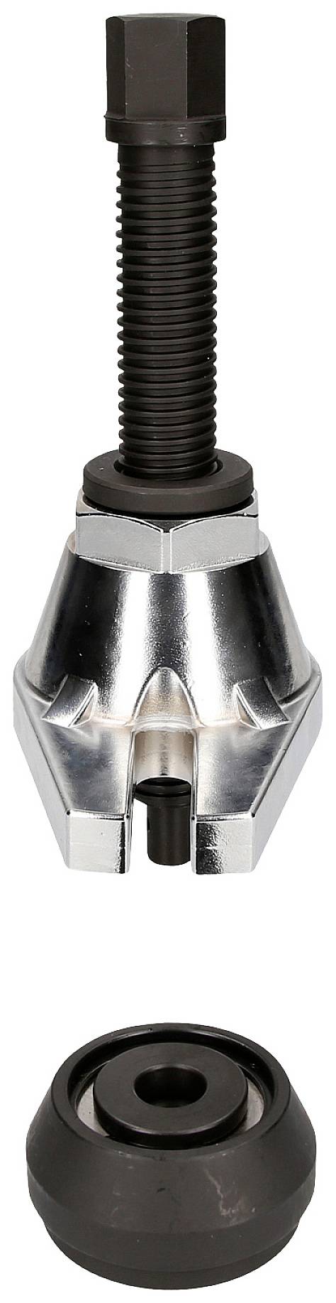 A metal tool with a screw and an adapter component, potentially used for fastenings or connections in mechanical applications.