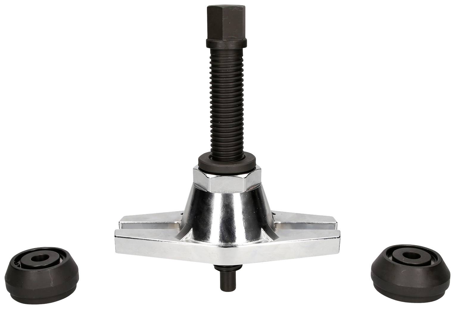 Extraction device with a central threaded pin and two round rubber attachments beside the main component. Tool for bearing removal.