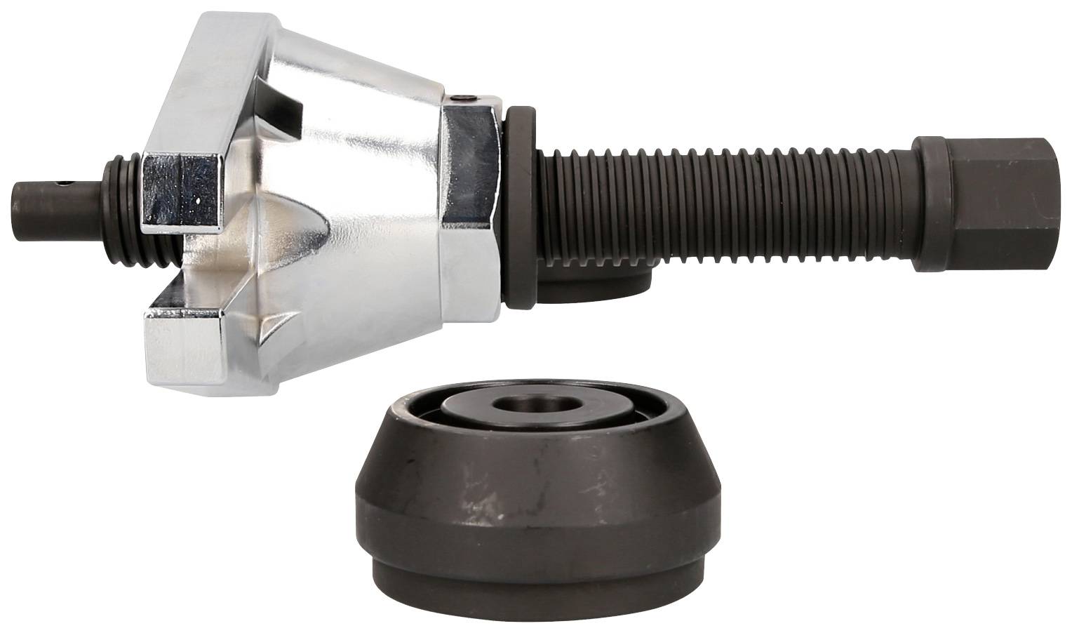 Metallic cone gear puller with threaded screw and protective cap, used in mechanical engineering for removing gears.
