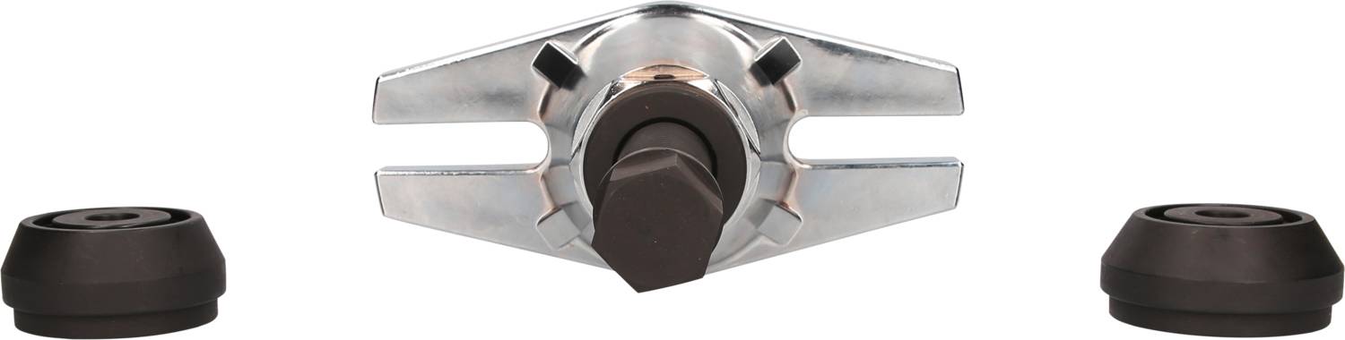 A three-part shock absorber puller with two black rubber caps. The puller has two metal arms and a central screw.