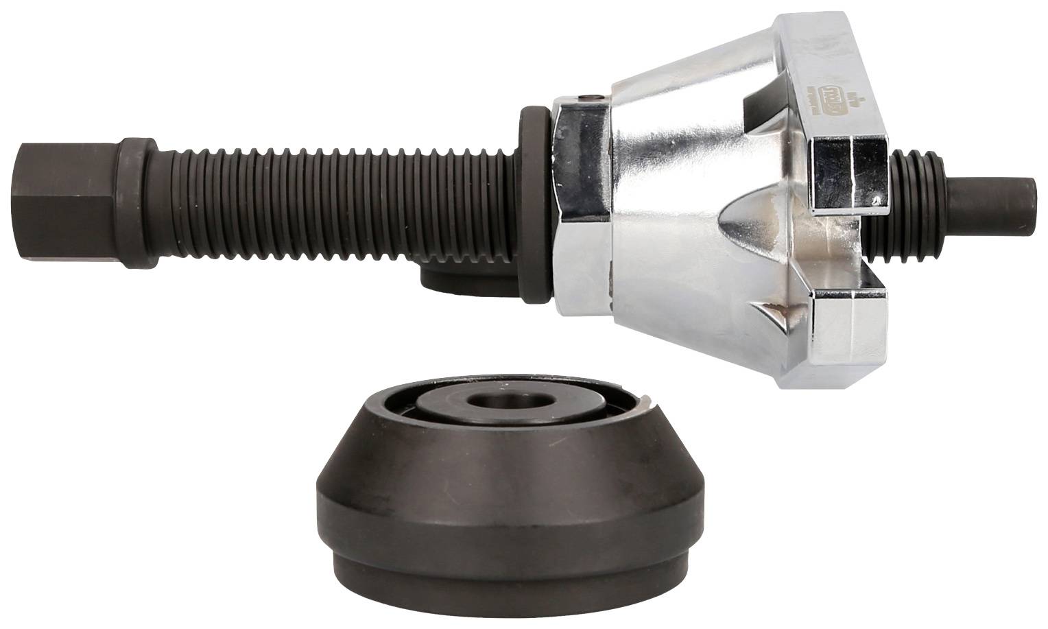 A metal tool with threading and a removable, round attachment, likely for mechanical work or machine applications.