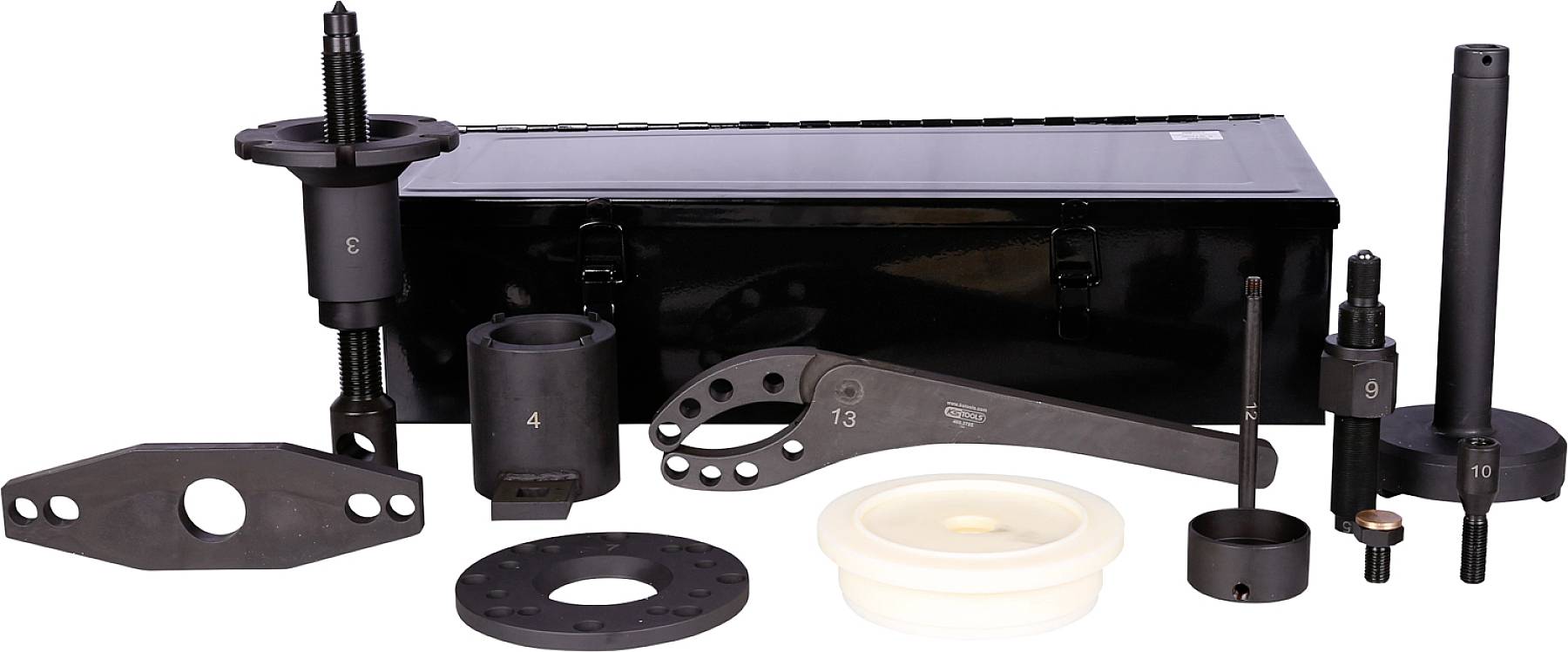 A set of professional tools for car repair, including various adapters, screws, and a sturdy toolbox in the background.